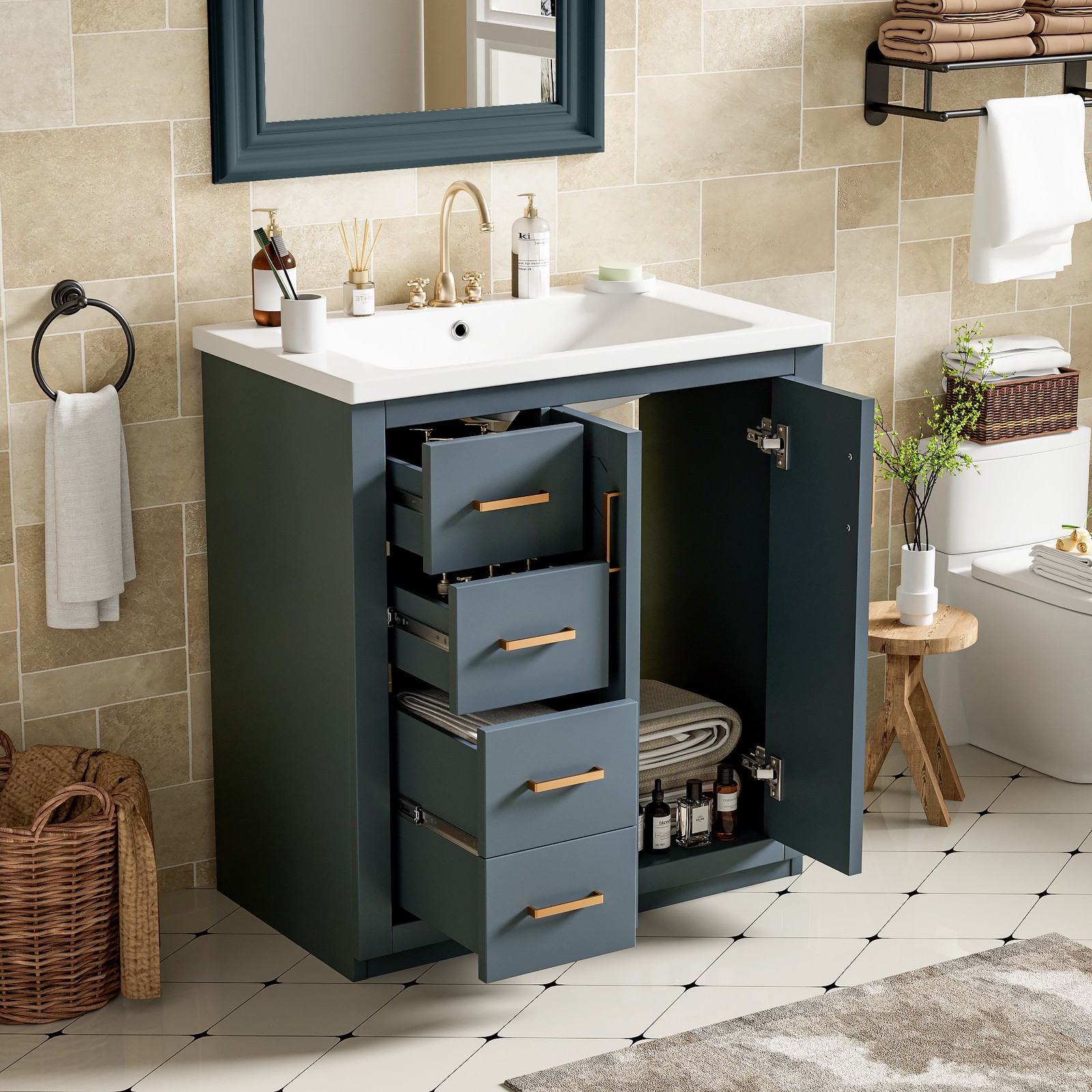 30″ Bathroom Vanity w/Ceramic Sink, 3 Drawers, Freestanding Bath Vanity Cabinet
