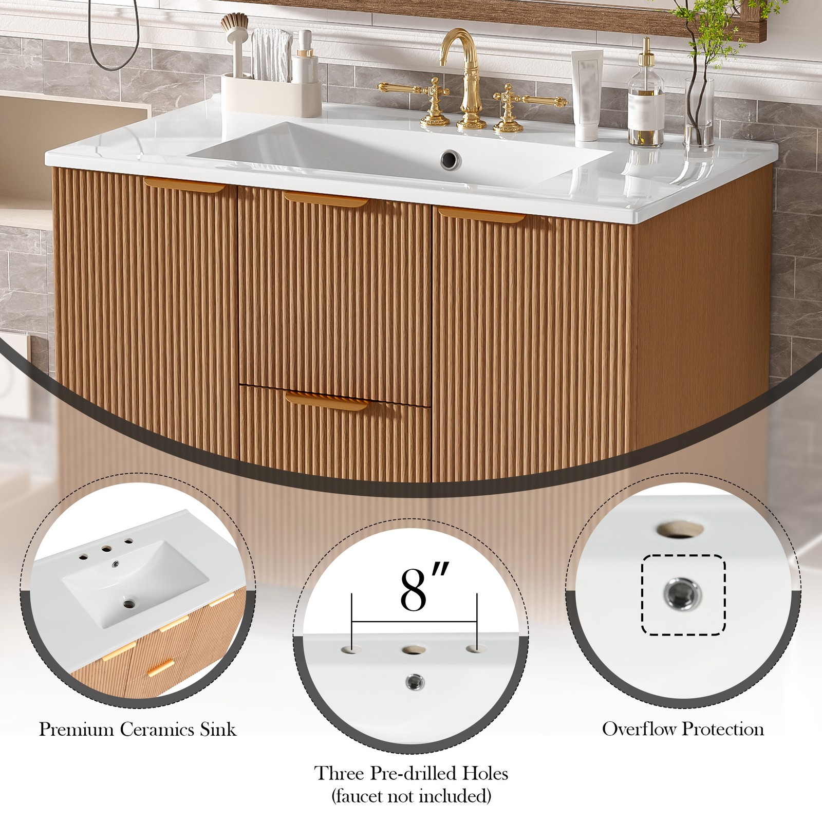 36 Inch Single Sink Bathroom Vanity with Ceramic Top, MDF Cabinet