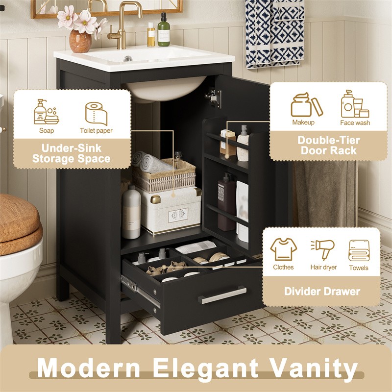 18″ Modern Bathroom Vanity with Ceramic Sink,Soft-Close Drawers & Door Organizer