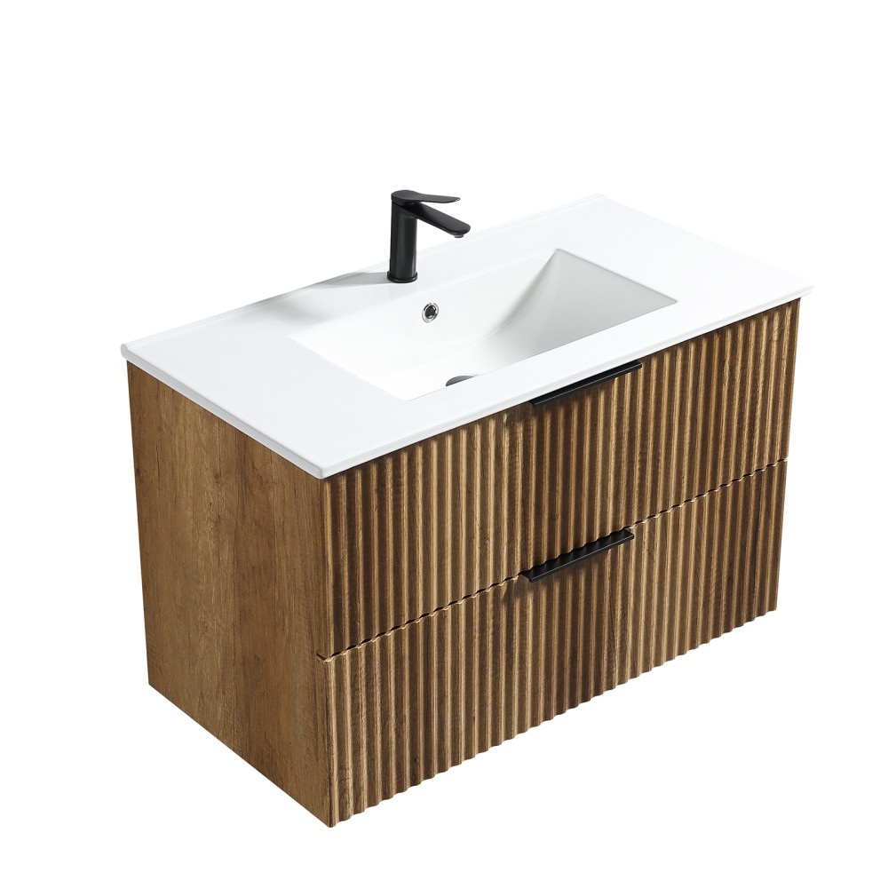 35.04 in Modern Golden Oak Floating Vanity with Ceramic Sink