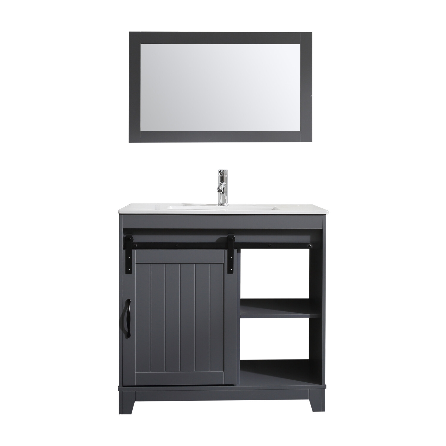 36″ Sliding Door Bathroom Vanity w/ Undermount Sink Faucet Mirror Gray Modern