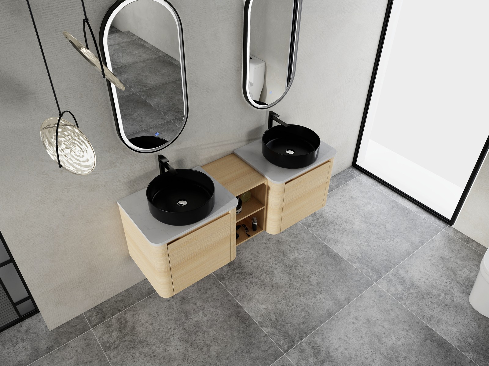60 in Floating Bathroom Vanity Cabinet 2x Black Ceramic Sink Basin +Open Shelves