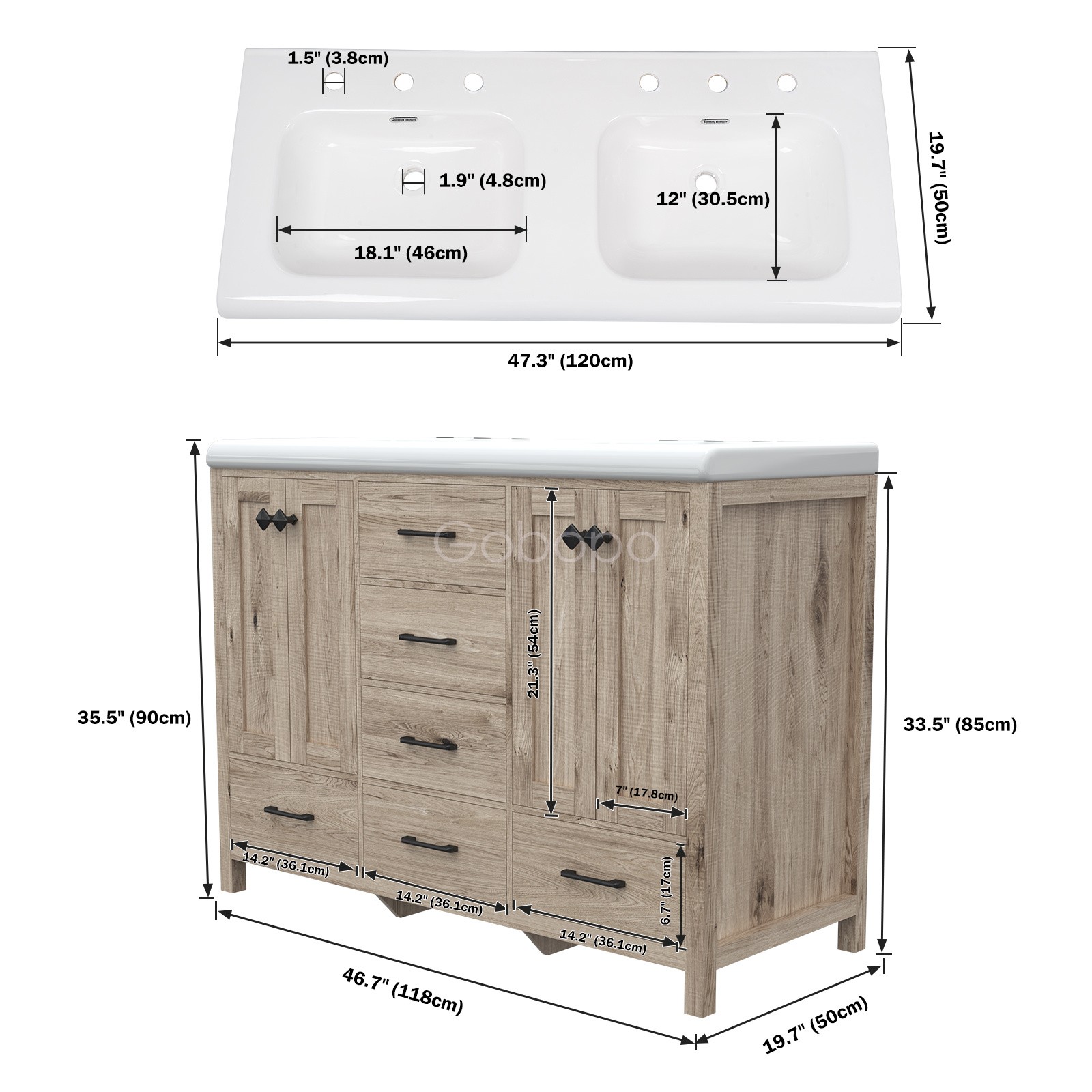 47 inch Bathroom Vanity Top w/ Double Sink Ceramic With Drawers Freestanding