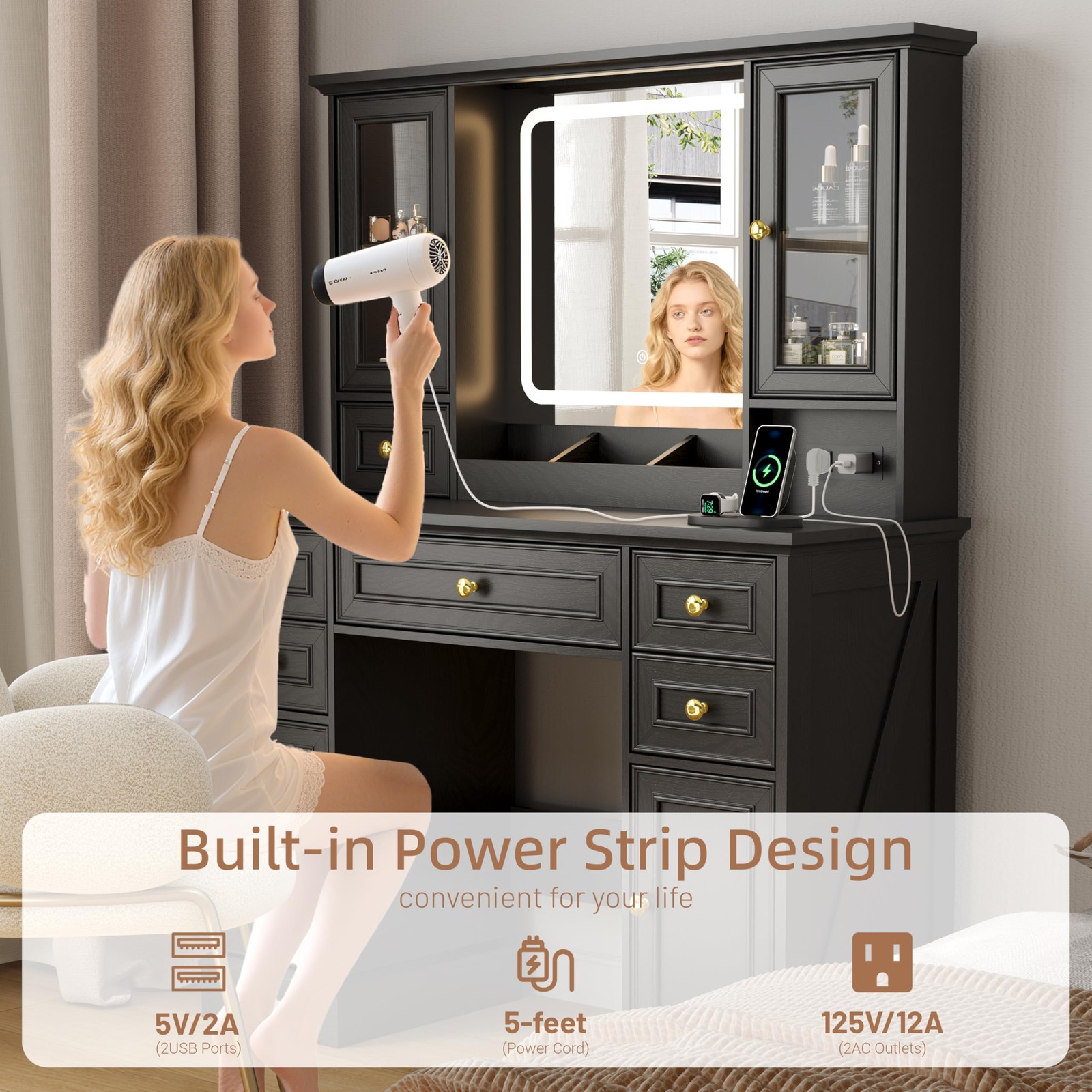 Vanity Desk Mirror Lights Power Outlet USB 6 Drawers 4 Cabinets 3Color Dimmable