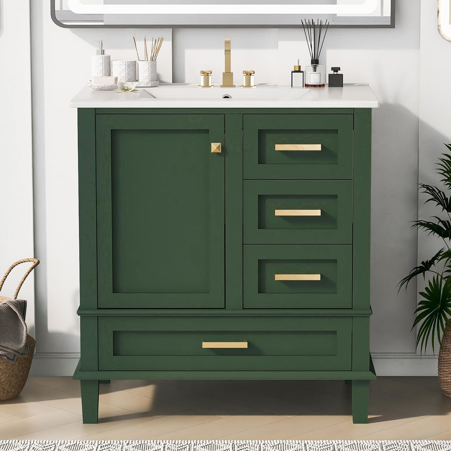 30″ Solid Wood Bathroom Vanity Cabinet with Resin Sink Top, 1 Door and 3 Drawers