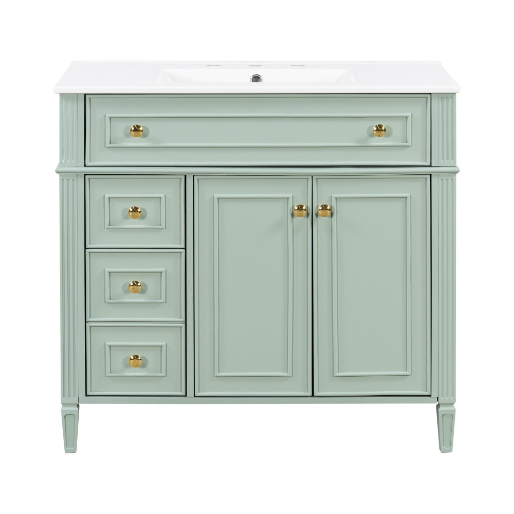 36 Inch Bathroom Vanity with Sink, Green Solid Wood Cabinet with Flip-Out Drawer