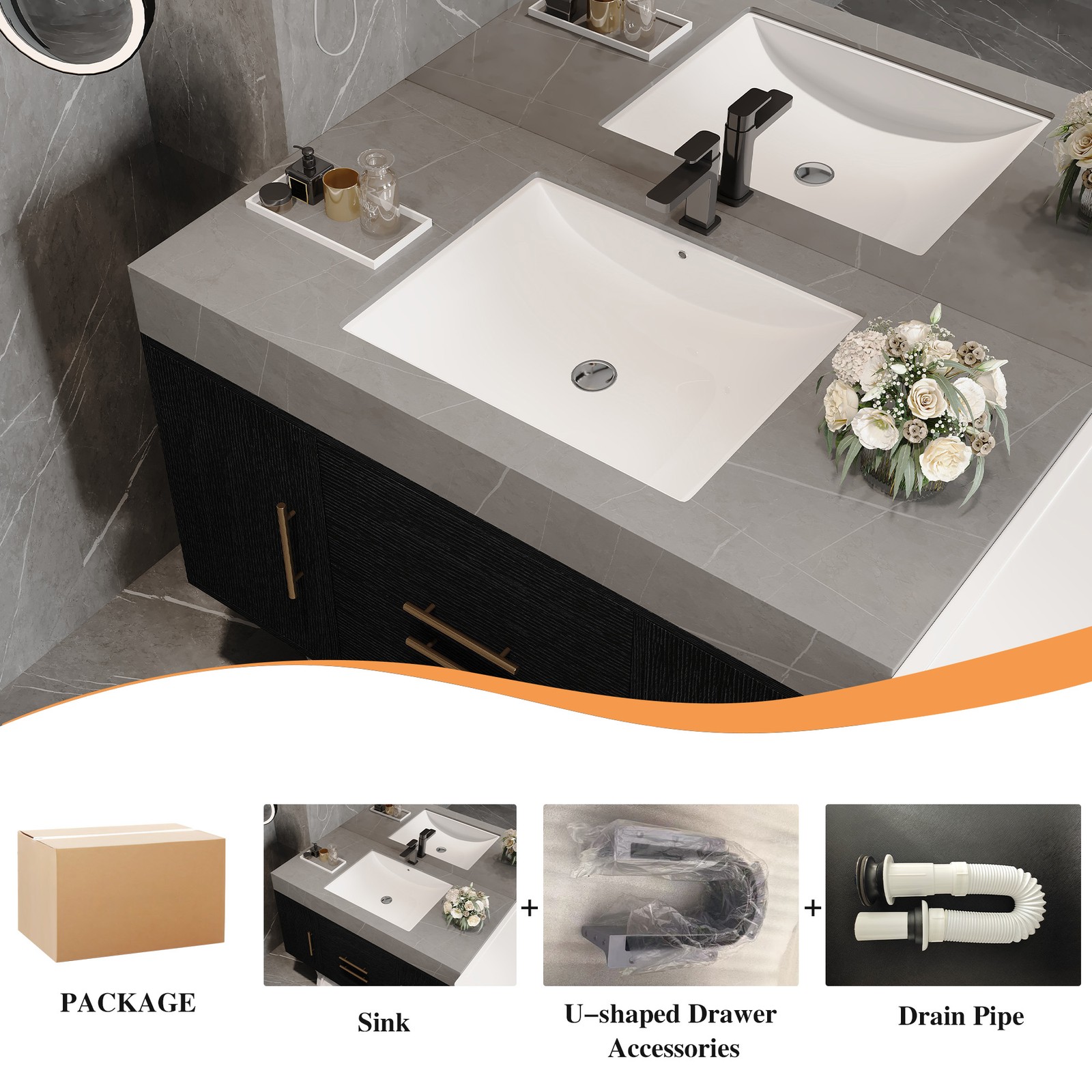 Floating Bathroom Vanity w/Faux Marble Top,Ceramic Sink, Wood Storage Cabinets