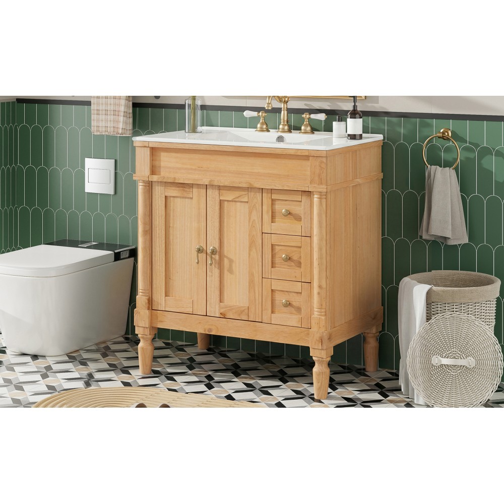 30-Inch Modern Bathroom Vanity, Solid Wood Frame + MDF, 2 Doors 3 Drawers