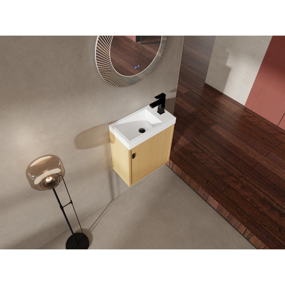 18.5-inch wall-mounted bathroom vanity overhangs to save space