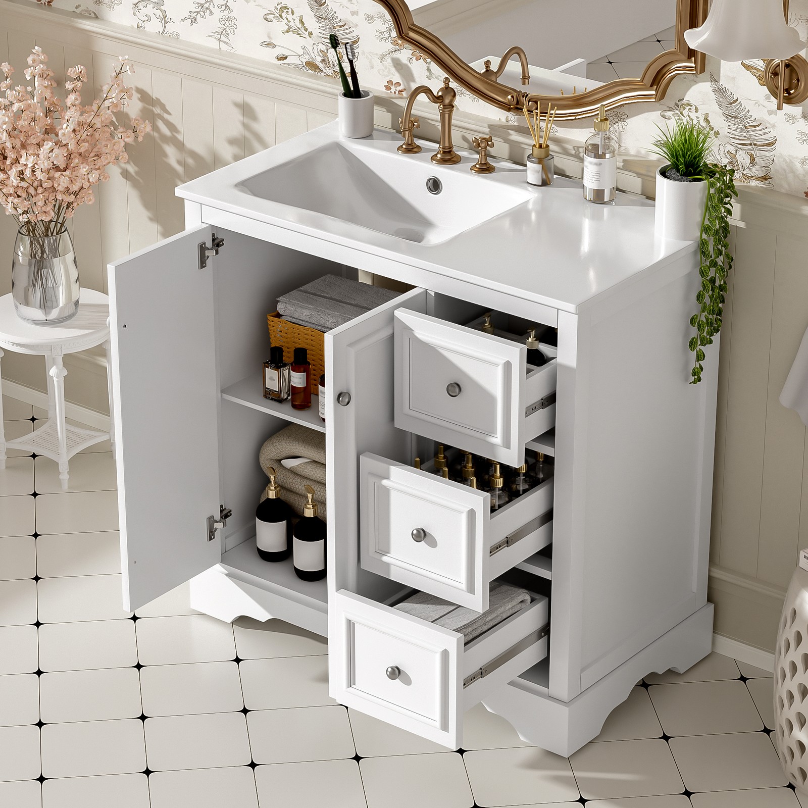 36″ White Transitional Bathroom Vanity with Ceramic Sink