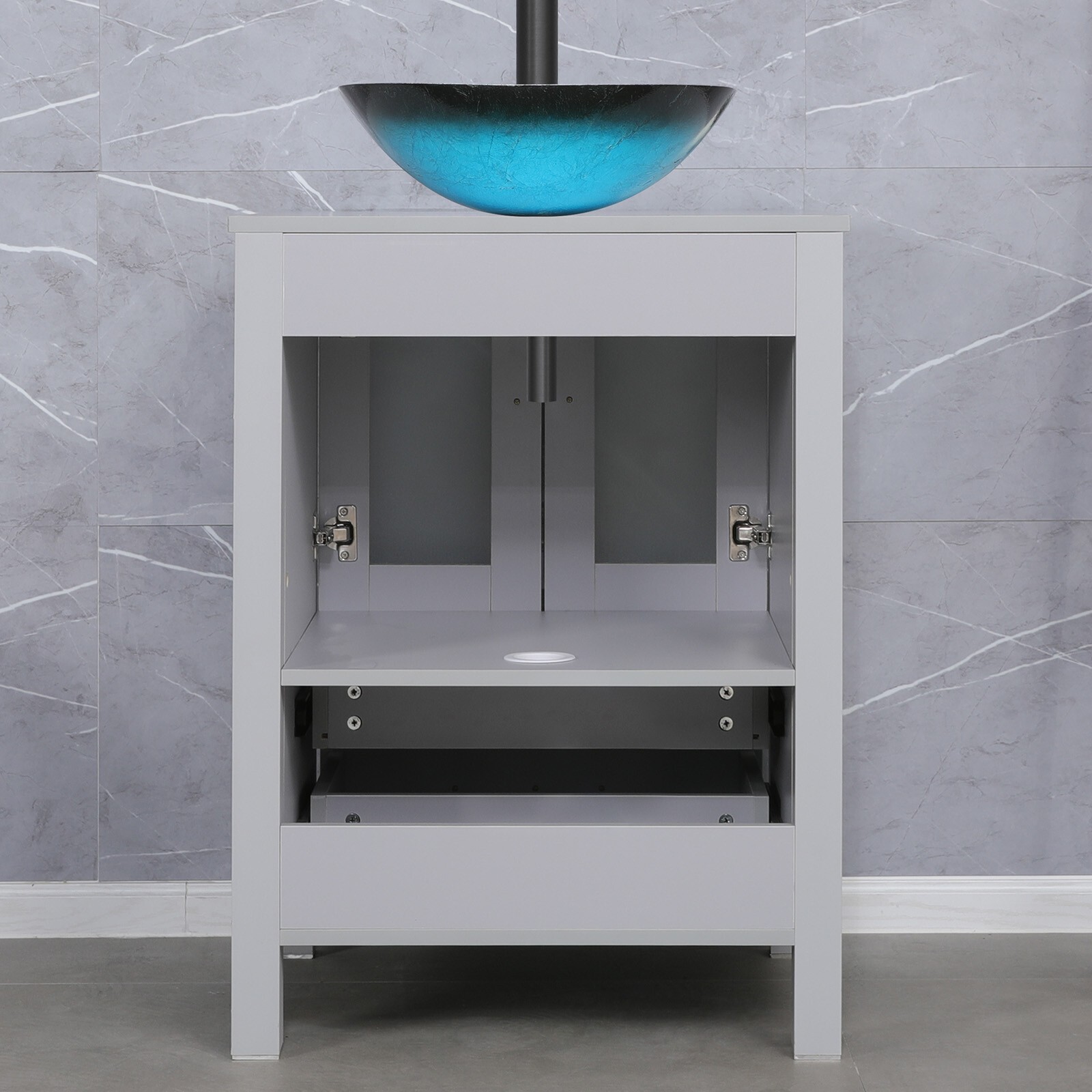 24″ Gray Bathroom Vanity Set Tempered Glass Vessel Sink Faucet Combo No Mirror