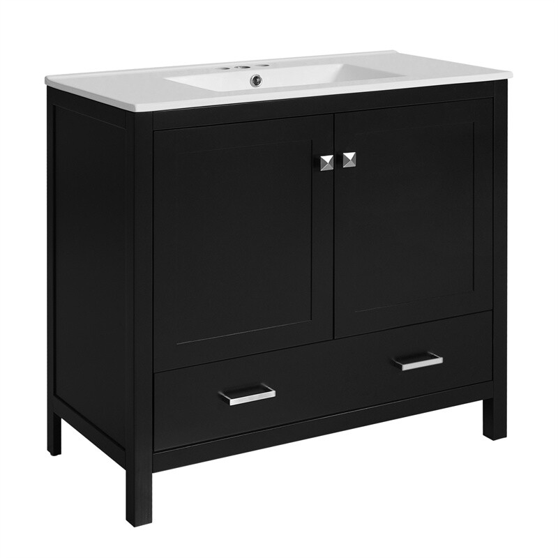 36″ Black Bathroom Vanity with Ceramic Sink Bathroom Cabinet with Ample Storage