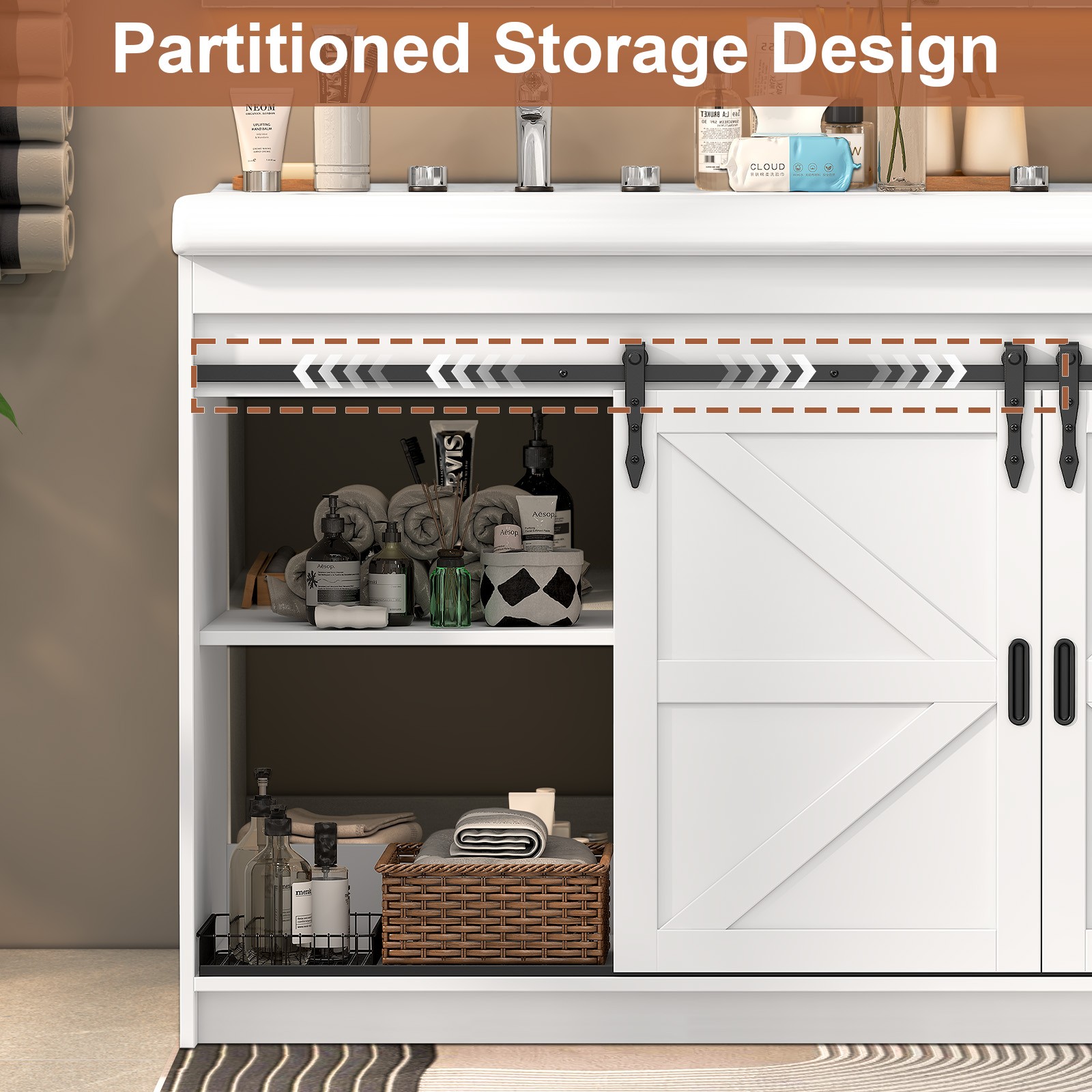 47 inch Bathroom Vanity Cabinet Double Ceramic Sink w/ Sliding Doors + Drawers
