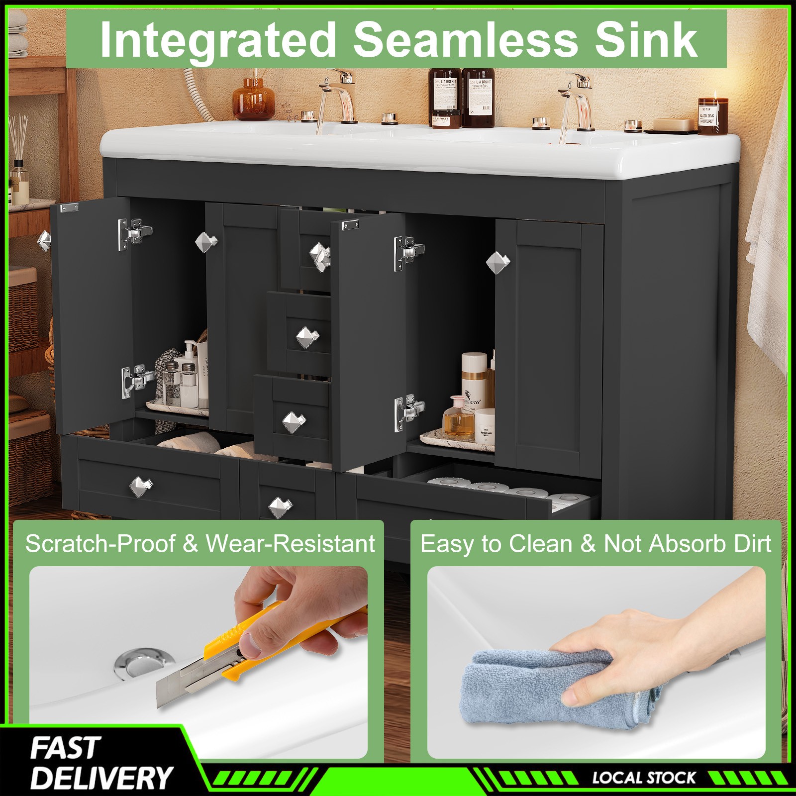 Modern 47 Inch Black Freestanding Bathroom Vanity Double Ceramic Sinks 5 Drawers