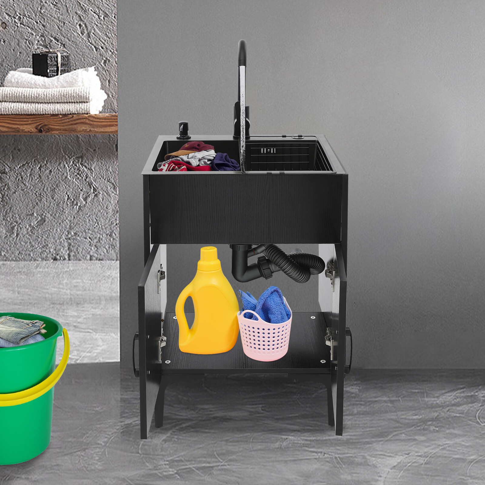 Bathroom Vanity Cabinet Storage with Sink Combo with Drawers and Shelves Black