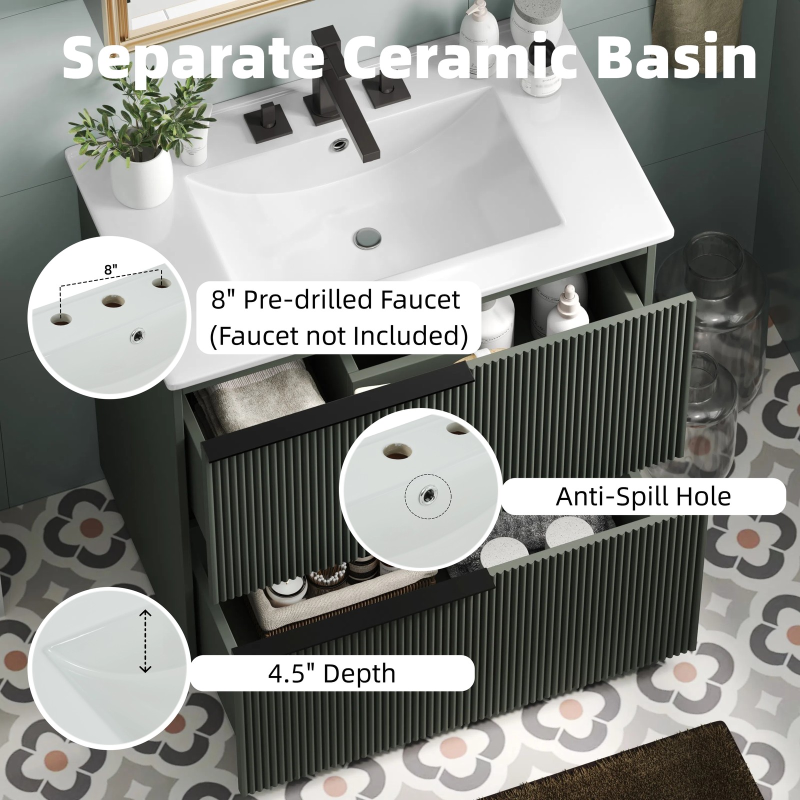 30″ Green Fluted Bathroom Vanity with Ceramic Sink & Soft Close