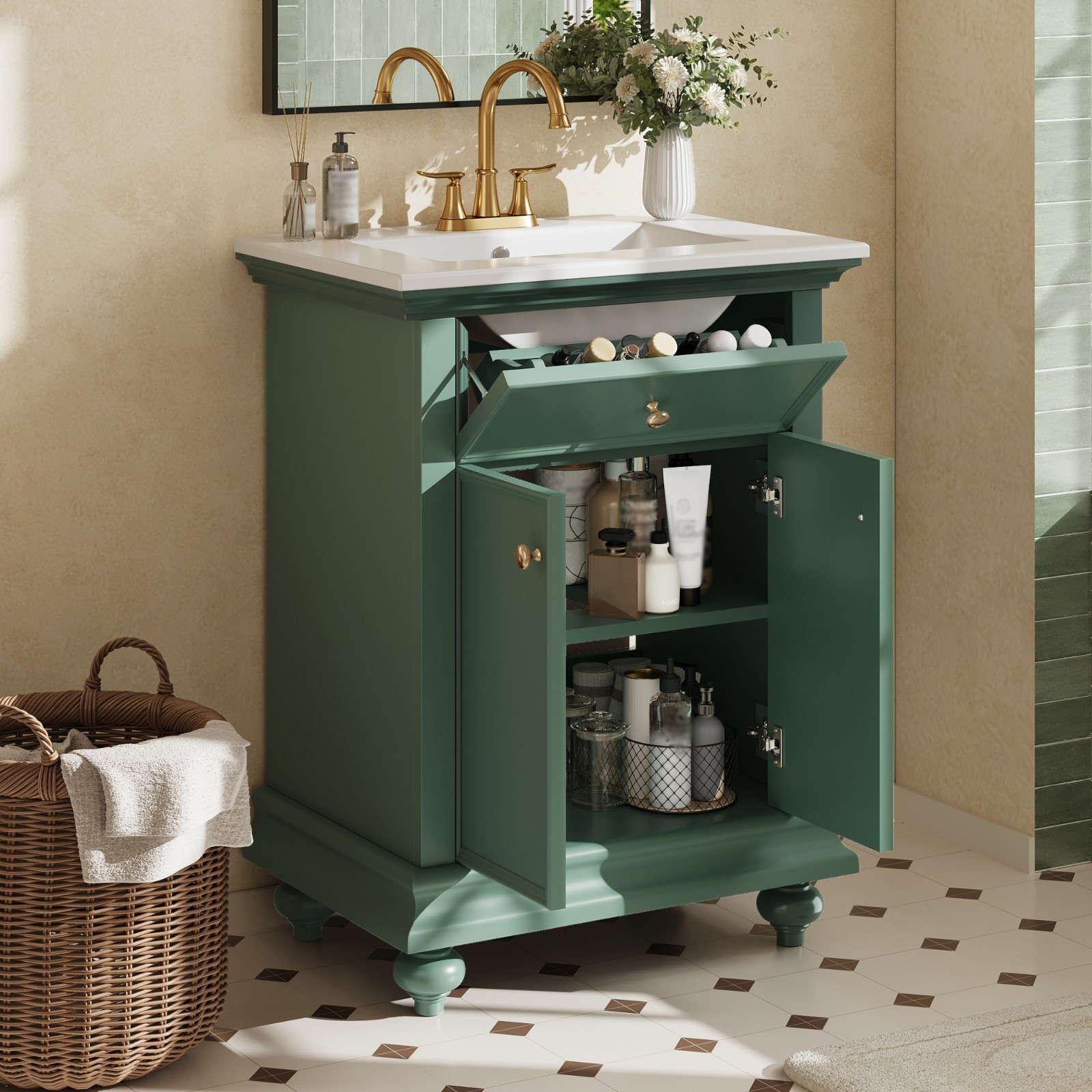 24″ Bathroom Vanity Storage Cabinet With Ceramic Sink Drawer Soft-Closing Doors