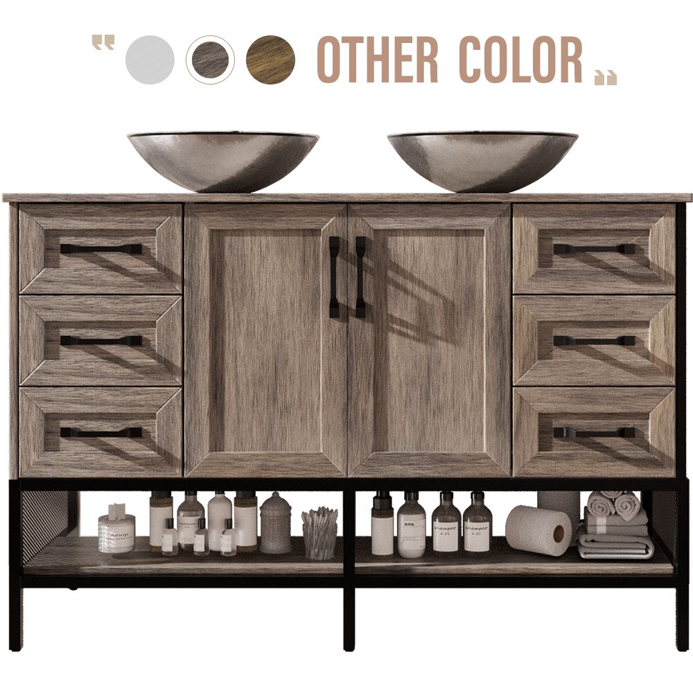 48″ Bathroom Vanity w/Double Vessel Freestanding Cabinet Open Shelves & 6Drawers