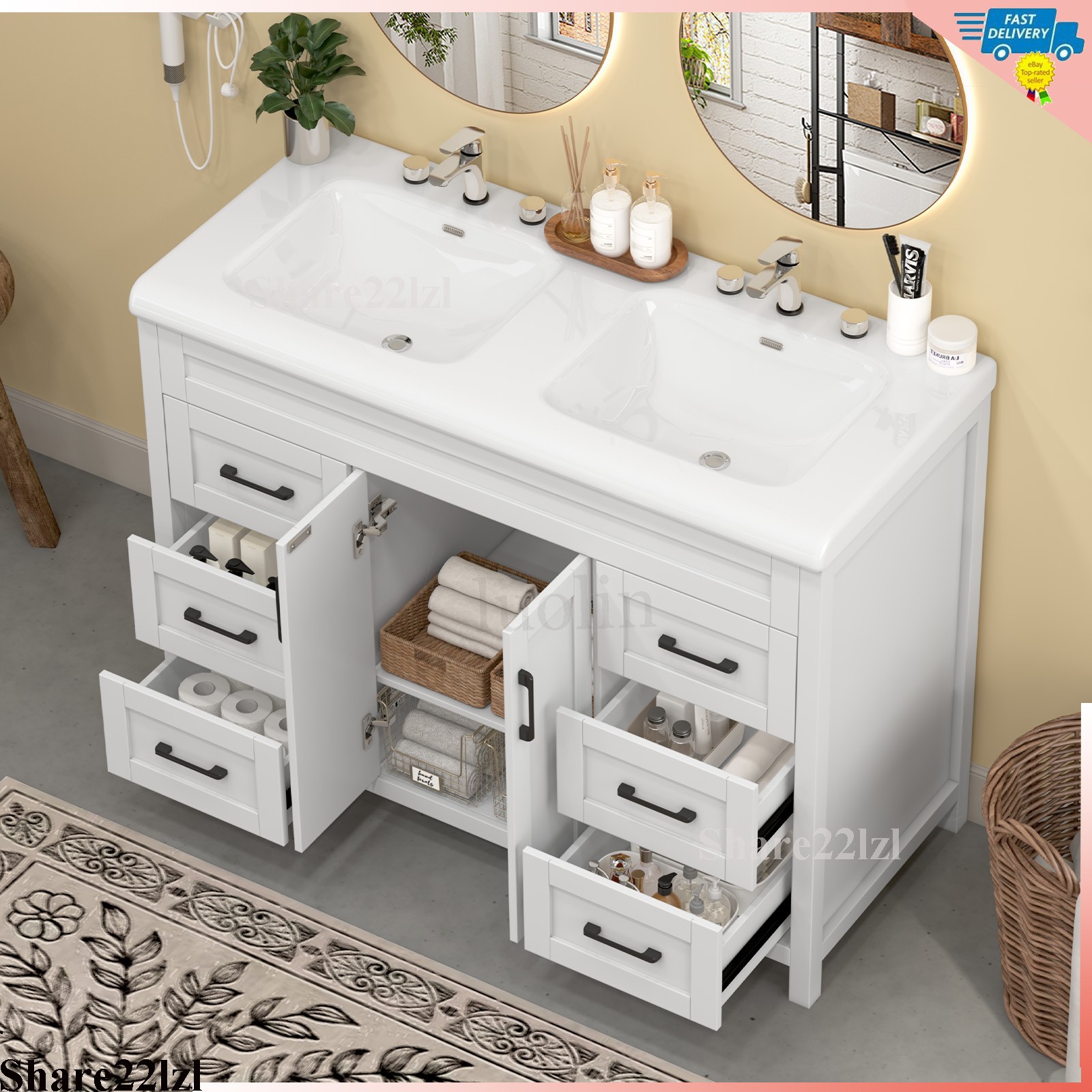 47″ Bathroom Vanity Set with Double Ceramic Sinks Artificial Marble Countertop