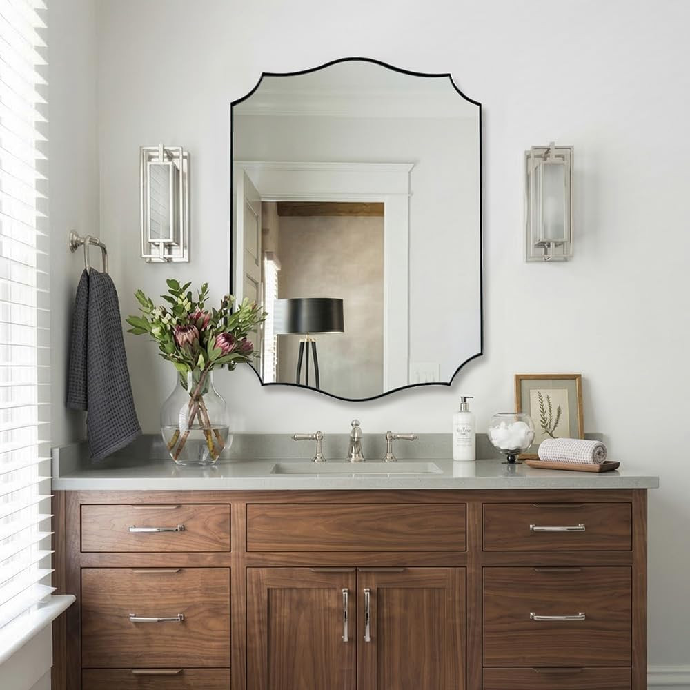 Brushed Nickel Scalloped Bathroom Mirror 24×32″ – Vintage Wavy Edge Design