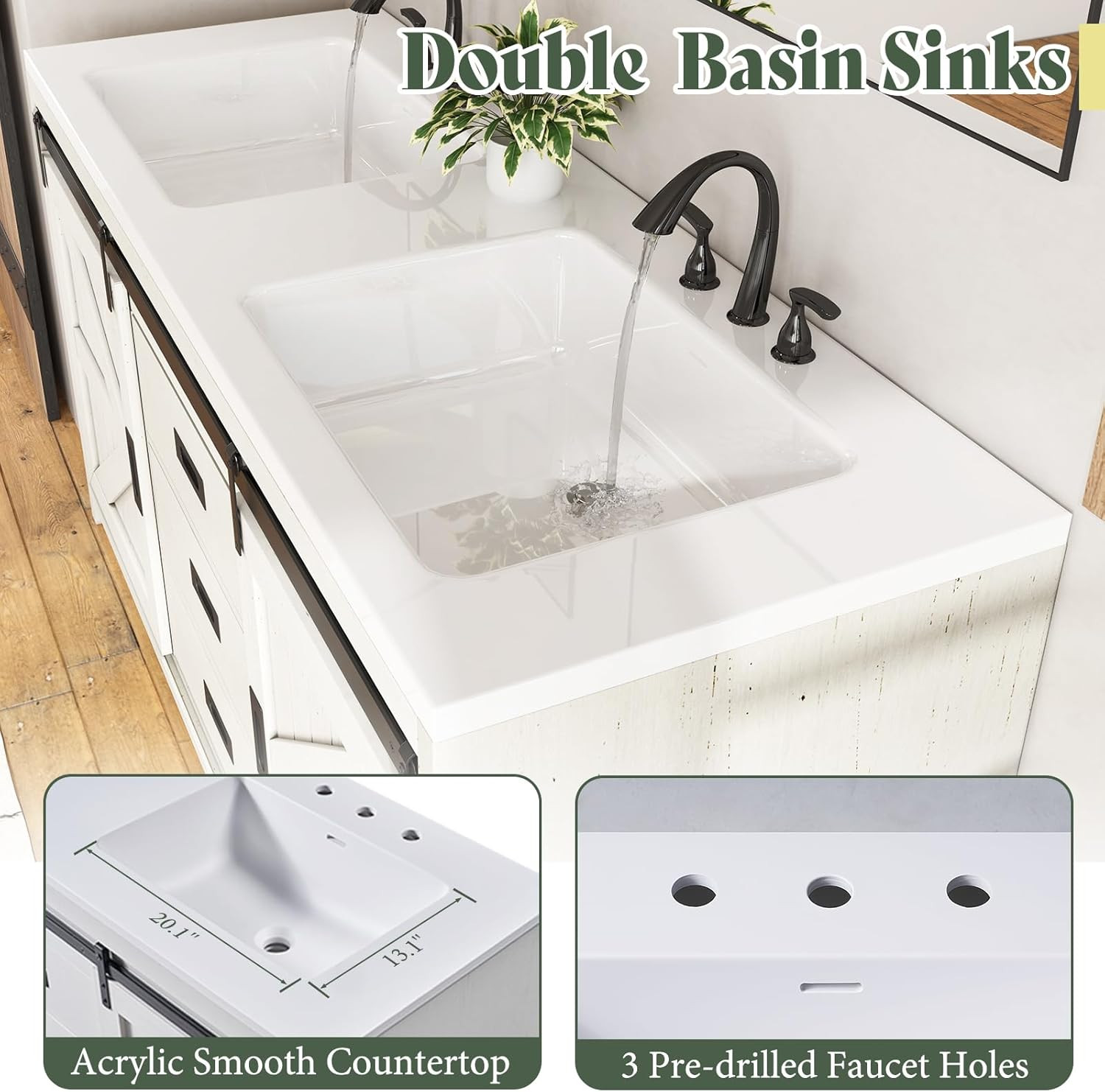 61″ Farmhouse Sliding Barn Door Double Vanity with Sink Combo, Freestanding Bath