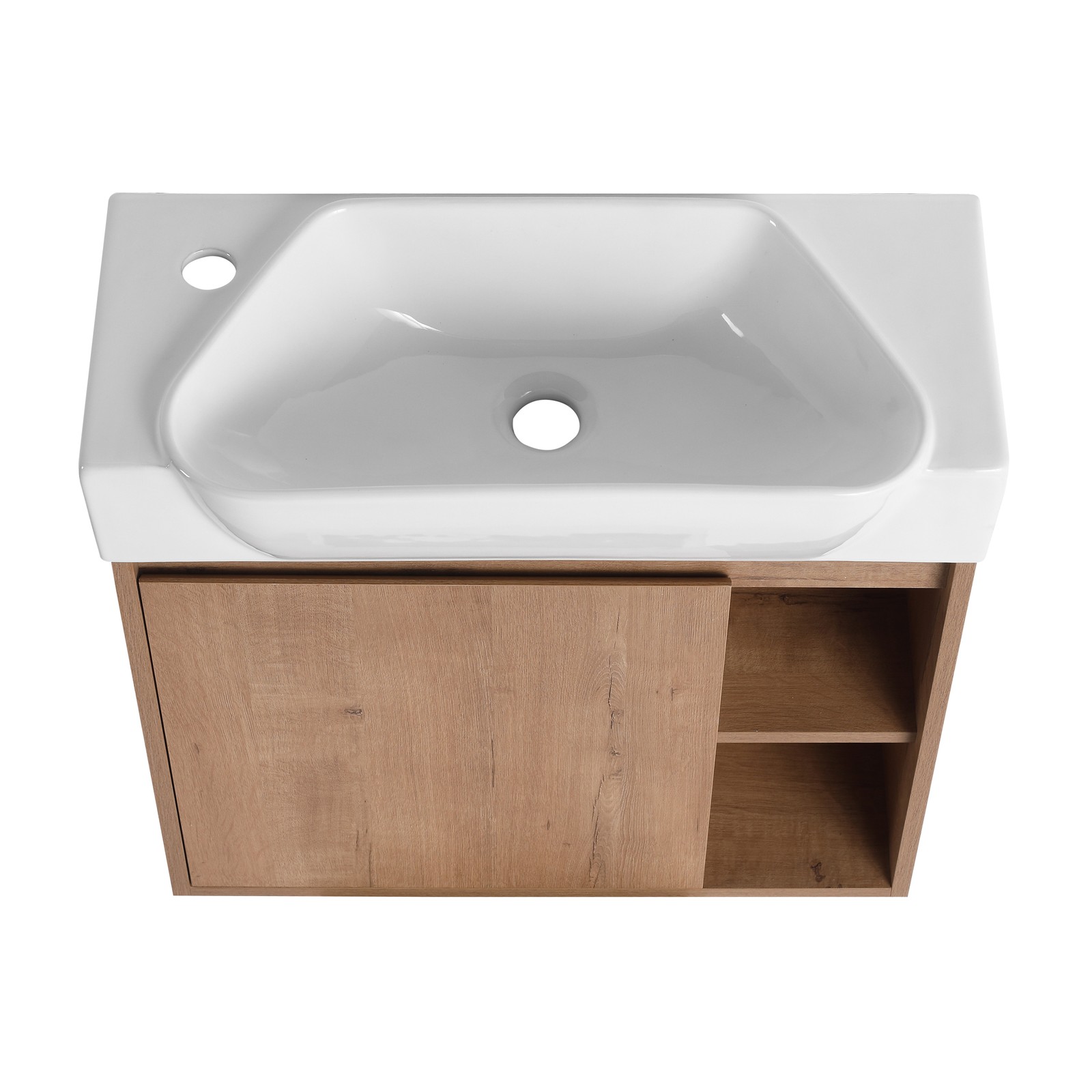 24in Plywood Wall-Mounted Bathroom Vanity W/ Ceramic Sink Basin Door Shelf Oak
