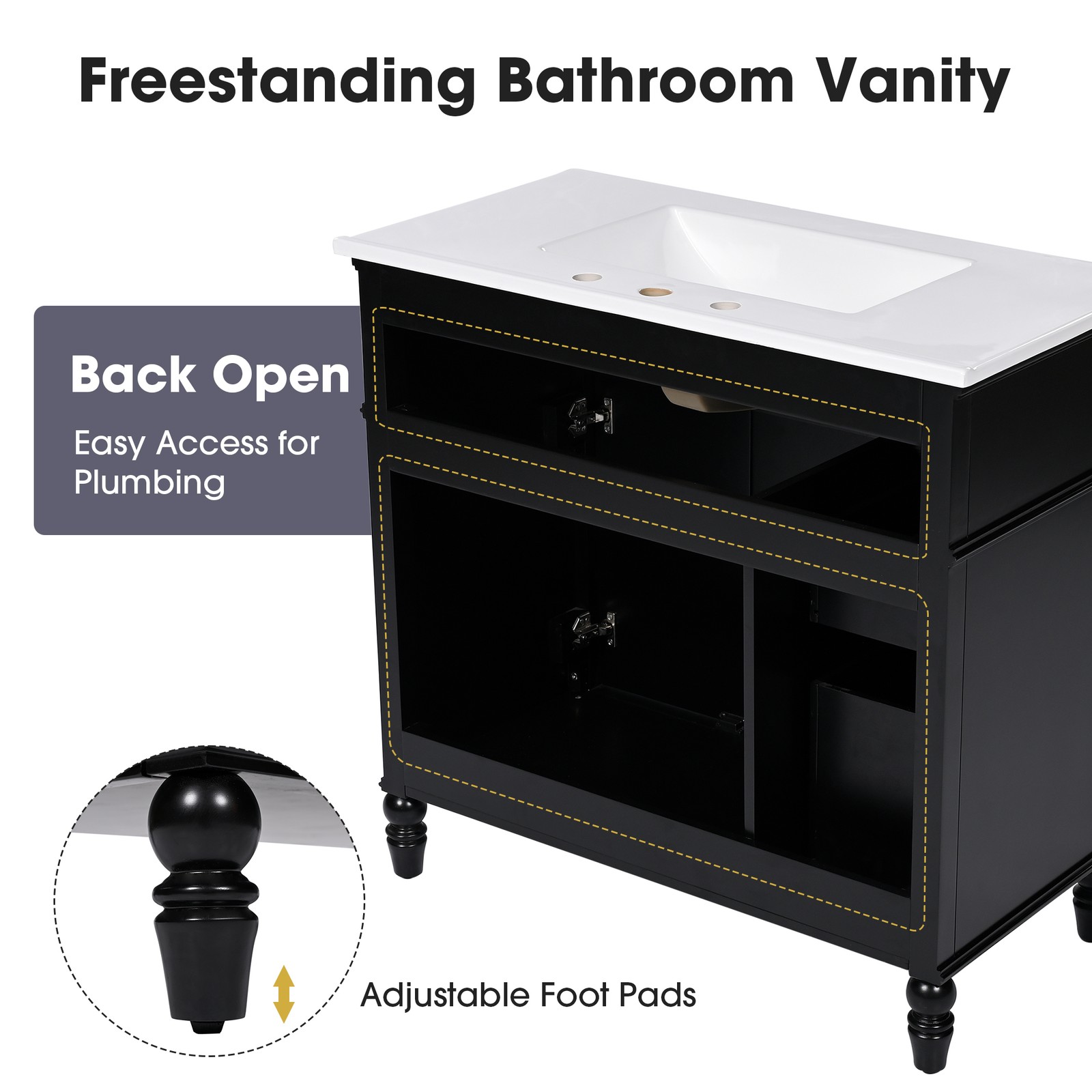 36″ Bathroom Vanity with Sink & Drawers, Black, Solid Wood Frame & MDF