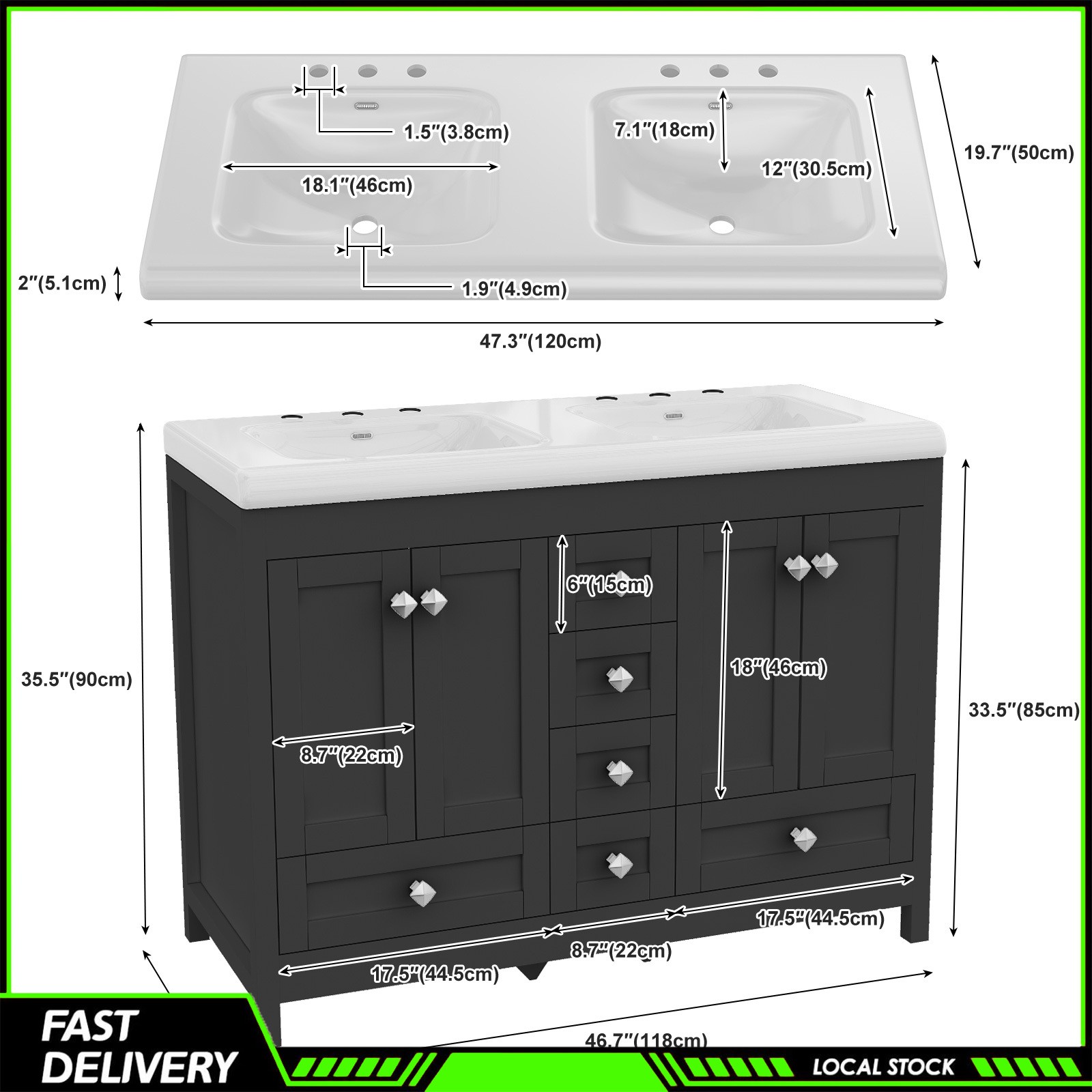 Modern 47 Inch Black Freestanding Bathroom Vanity Double Ceramic Sinks 5 Drawers