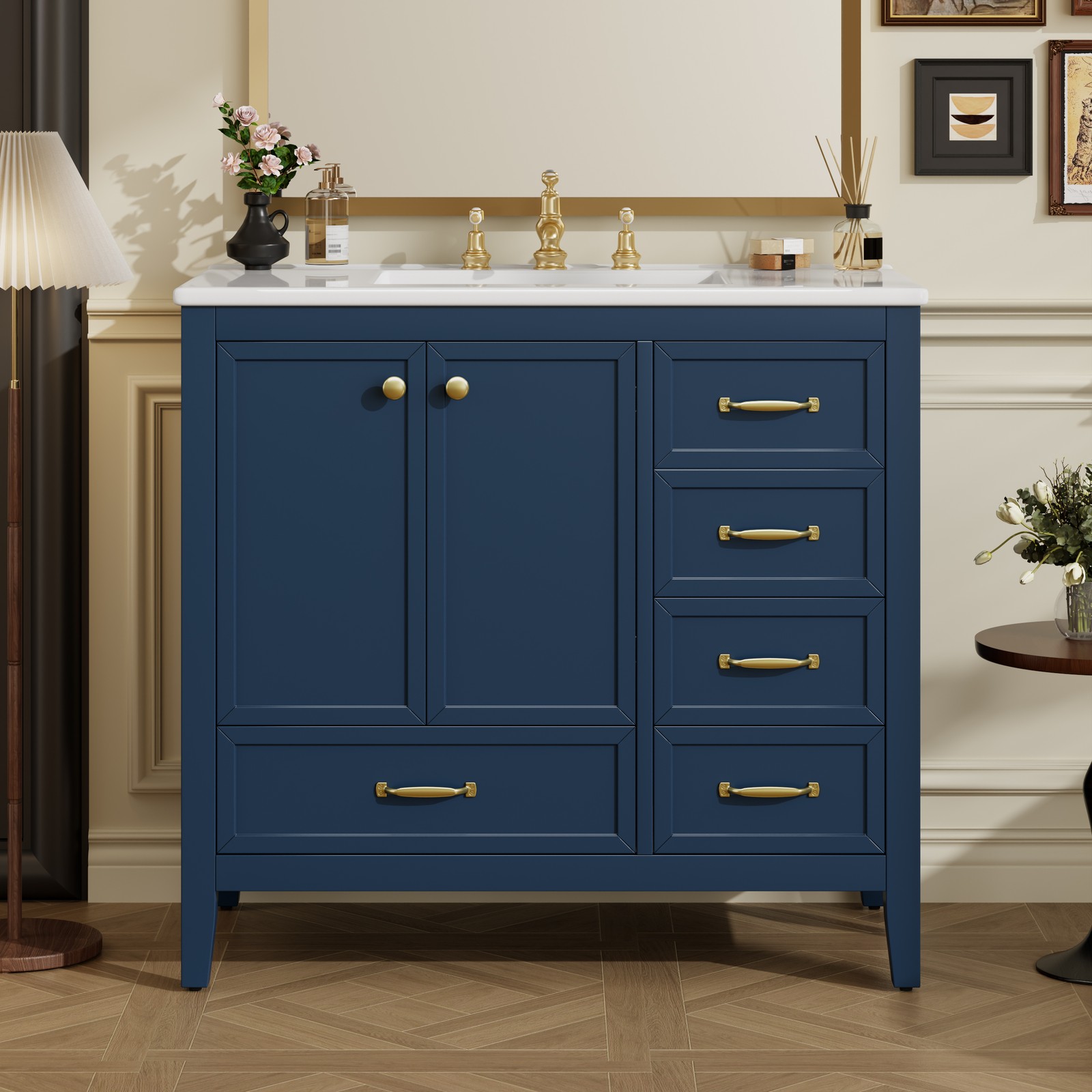 36″ Bathroom Vanity with Ceramic Sink Wood Storage Cabinet w/Soft-Closing Door