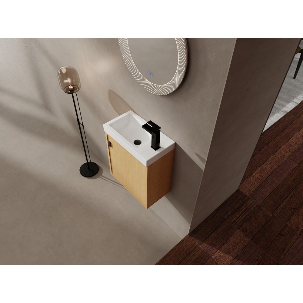 18.5-inch wall-mounted bathroom vanity overhangs to save space