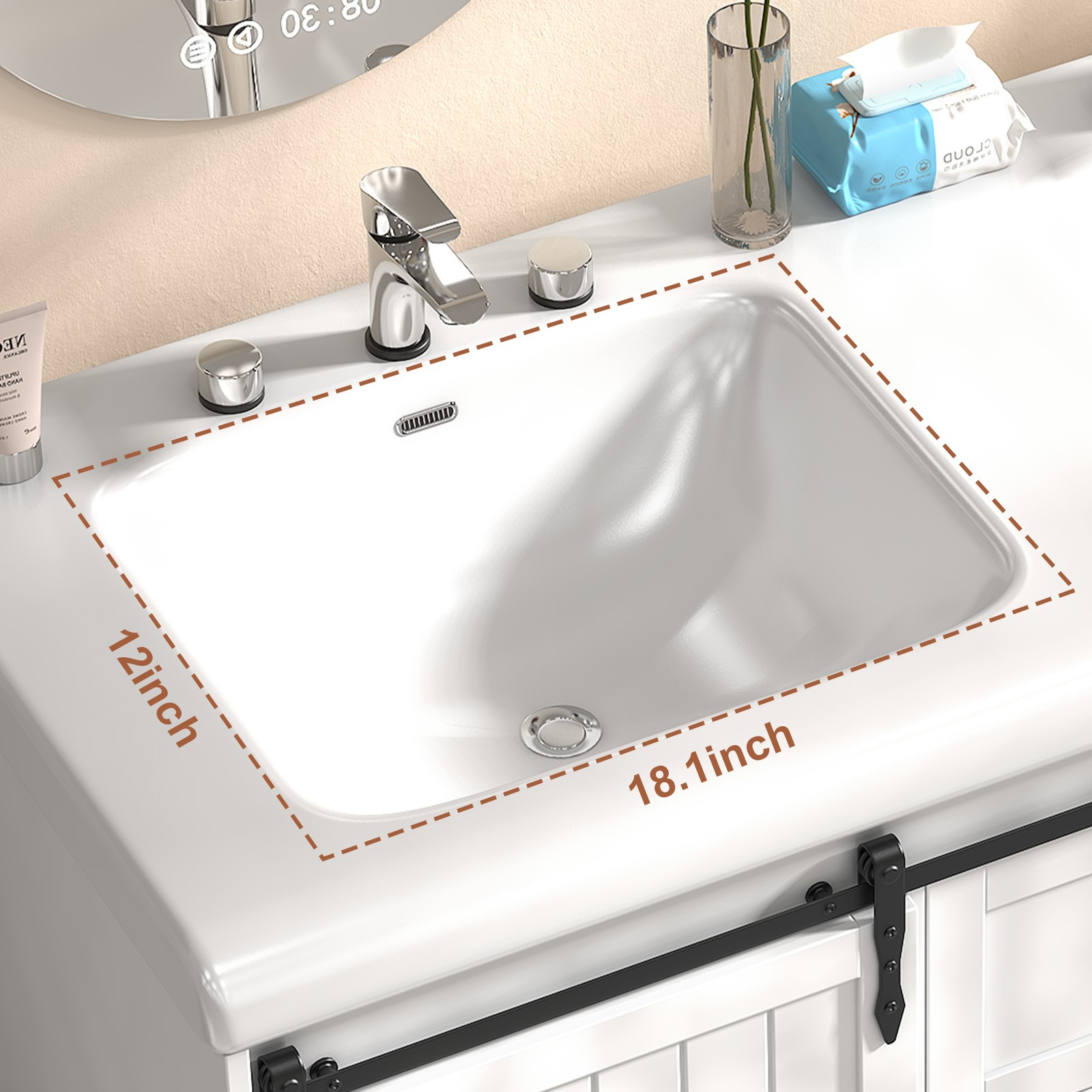 Bathroom Sliding Door Vanity Unit with 2-Drawer Cabinet and 2 Ceramic Sink Basin