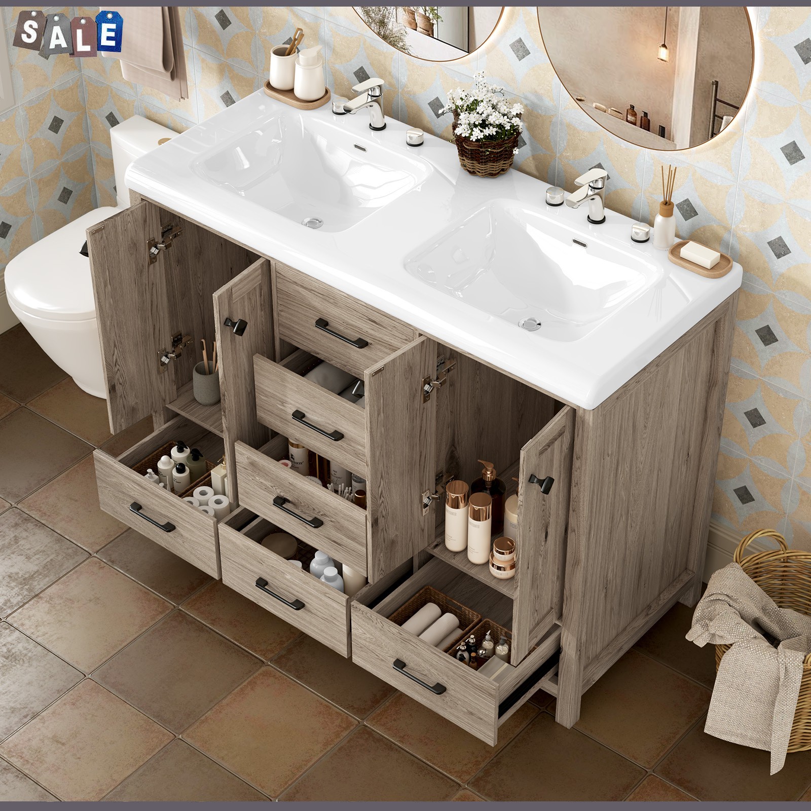 47 Inch Bathroom Vanity Double Ceramic Sinks Combo Storage Doors With Drawers