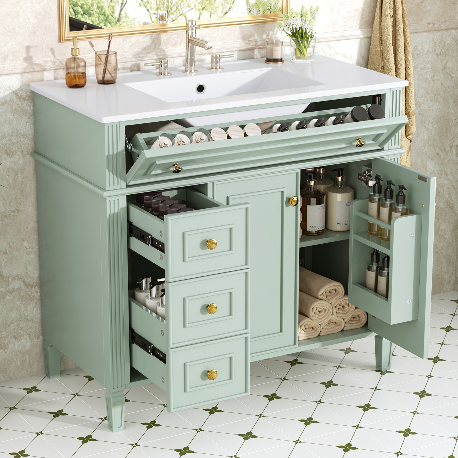 36″ Bathroom Vanity with Sink, Green Solid Wood Cabinet, 3 Drawers 2 Doors