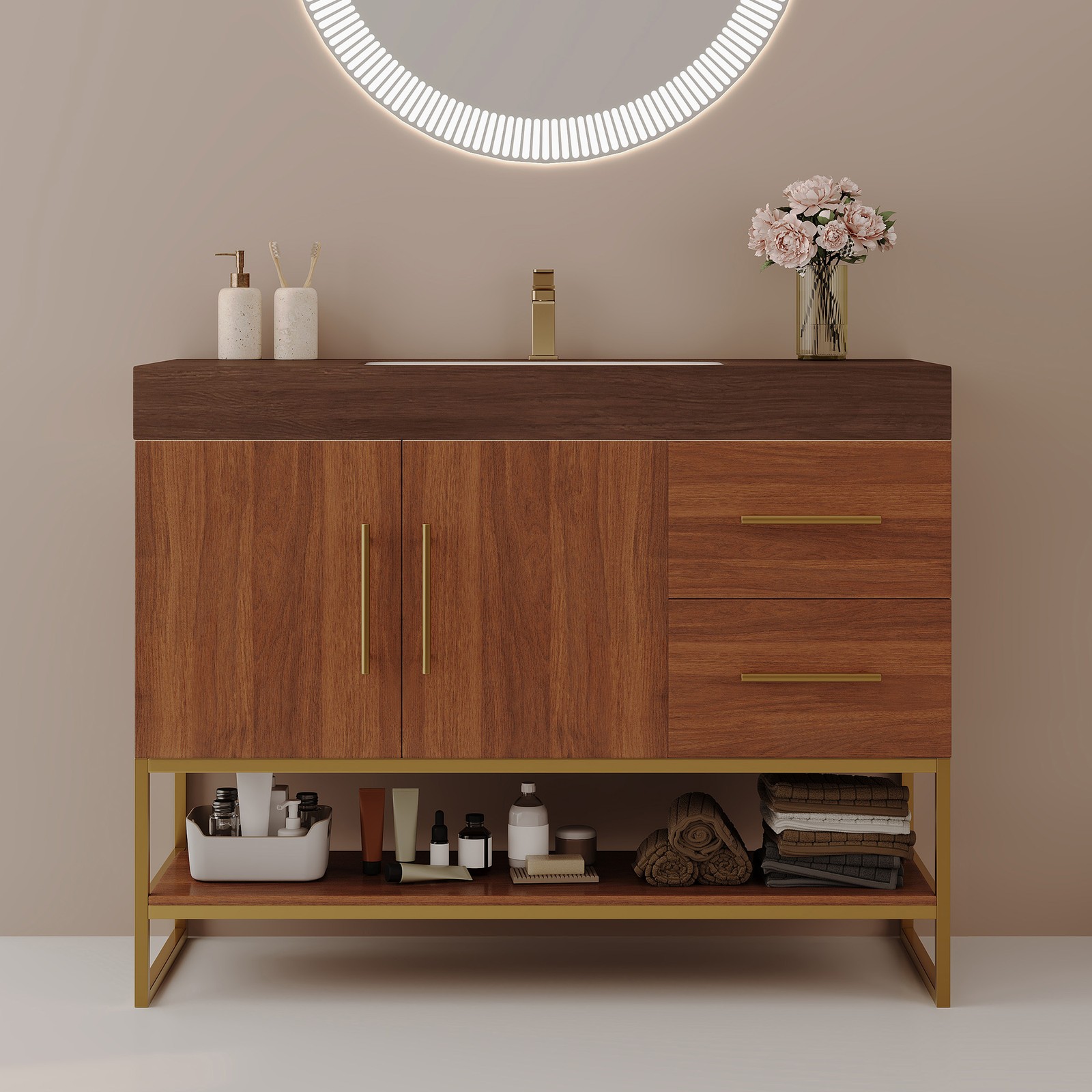 36″ Modern Bathroom Vanity w/Seamless Ceramic Sink & Sintered Stone Top Walnut