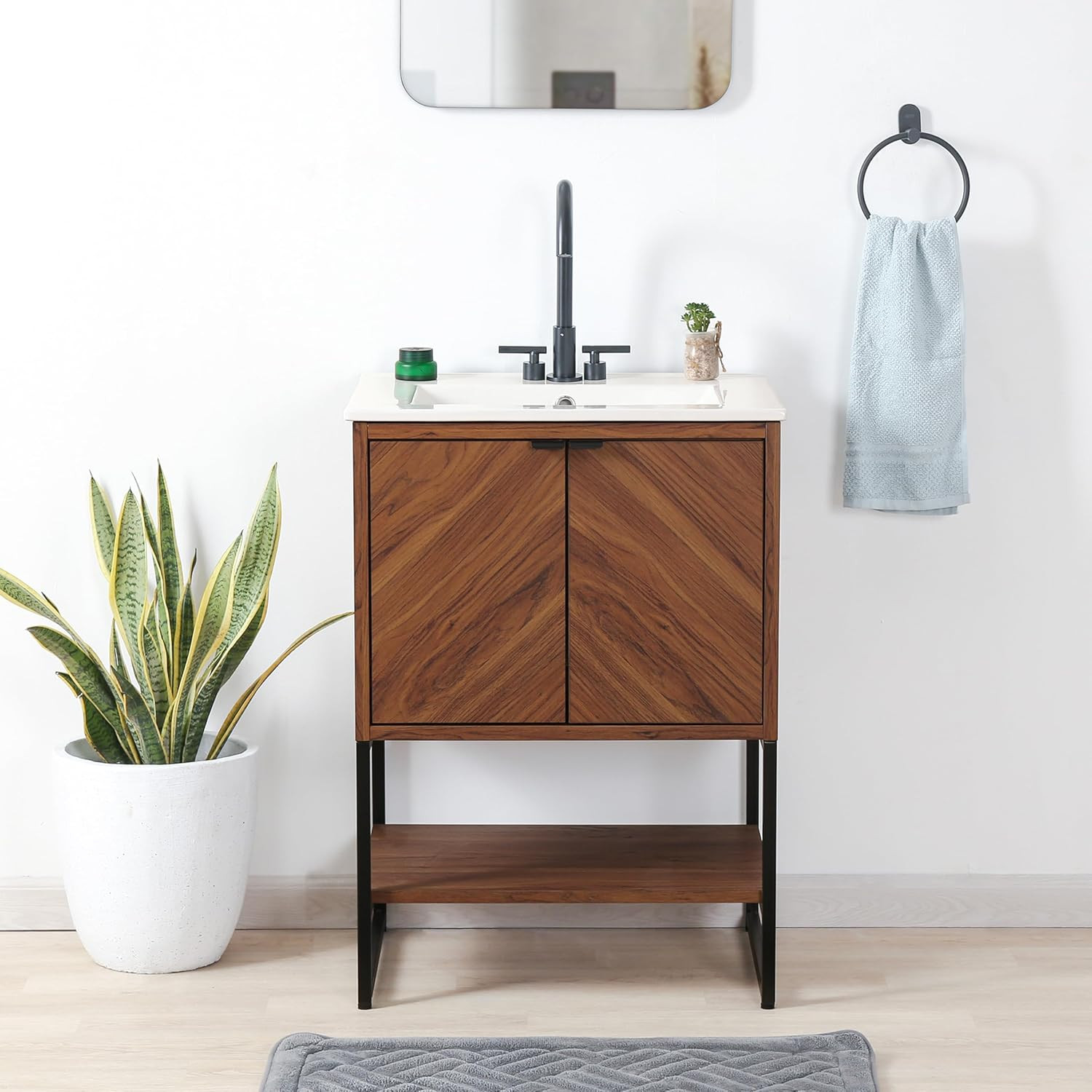 Modern Walnut 2-Shelf Bathroom Vanity Cabinet with Soft Close Doors