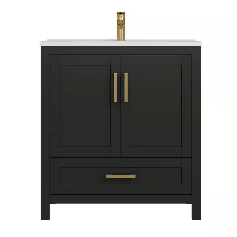 Raven 31 In.W Single Sink Black Freestanding Bath Vanity with White Engineered S