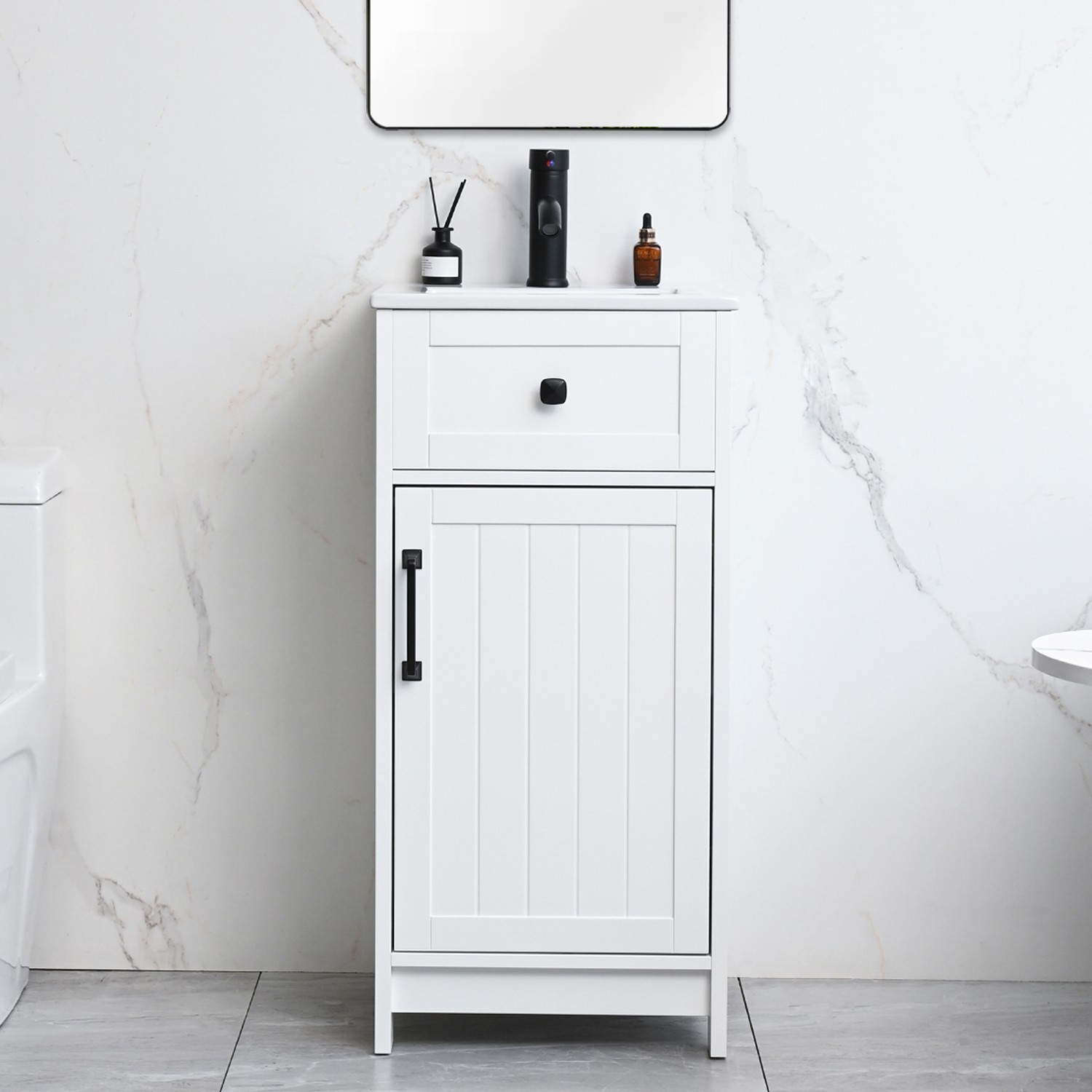 16″ Bathroom Vanity with Sink Small Cabinet Ceramic Sink Set Faucet &Drain Combo