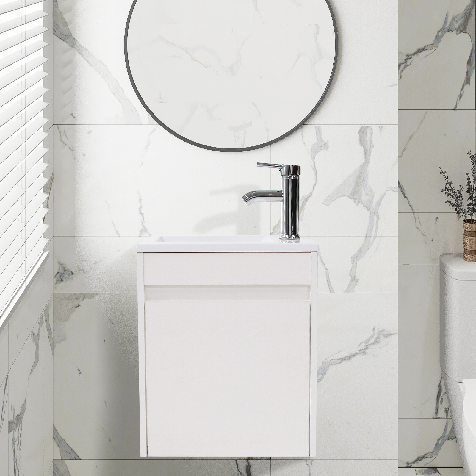 16″ Small Bathroom Vanity Wall Mounted Cabinet with Sink Right Left Side Faucet