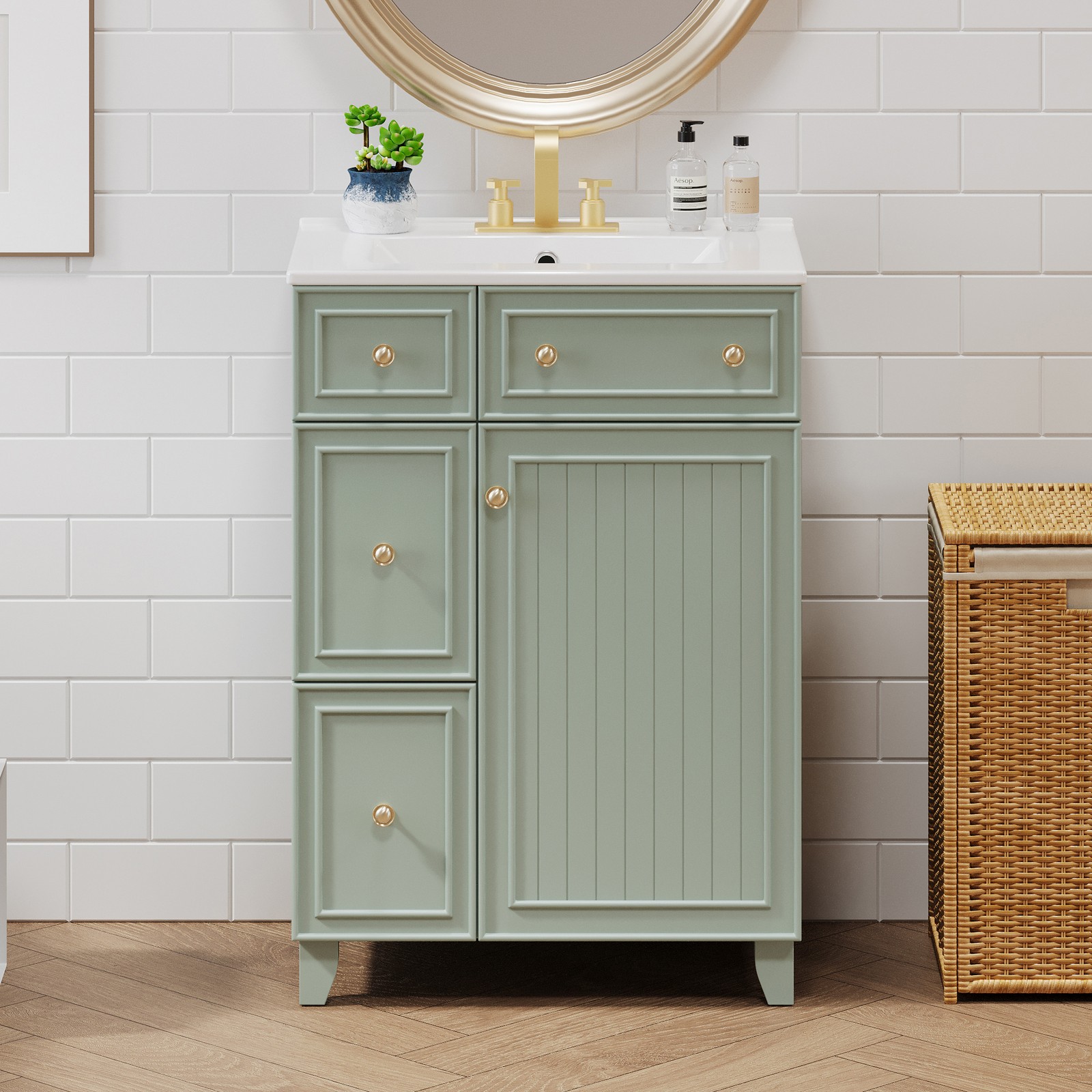 24″ Bathroom Vanity Cabinet with Ceramic Sink, 2 Drawers, 1 Door