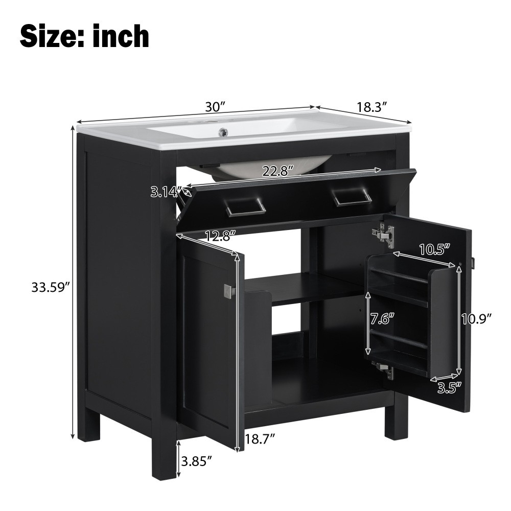 30″ MDF Bathroom Vanity Ceramic Sink Soft Close 2 Doors Adjustable Shelf Storage