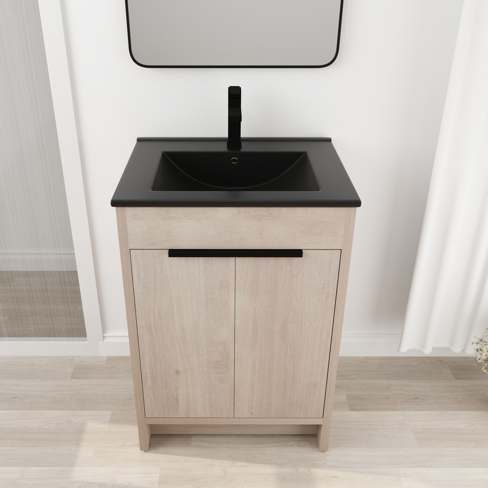 24″Wooden Floor Free Standing Bathroom Vanity Black Sink Cabinet For Small Space