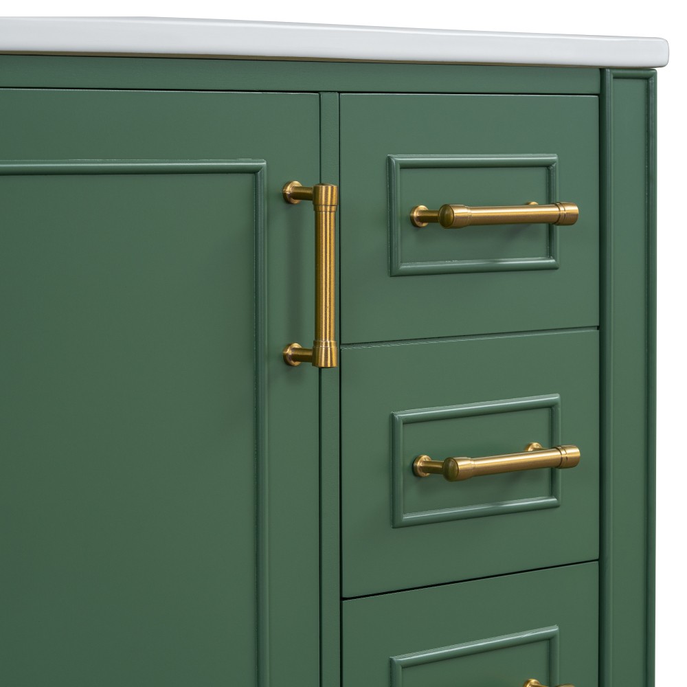 30″ Green Bathroom Vanity Ceramic Sink Soft Close Door 3 Drawers Storage Cabinet