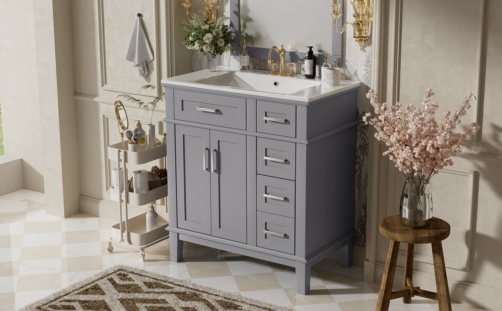 30″ Bathroom Vanity w/Ceramic Sink, Modern Storage Cabinet w/Soft-Close Doors