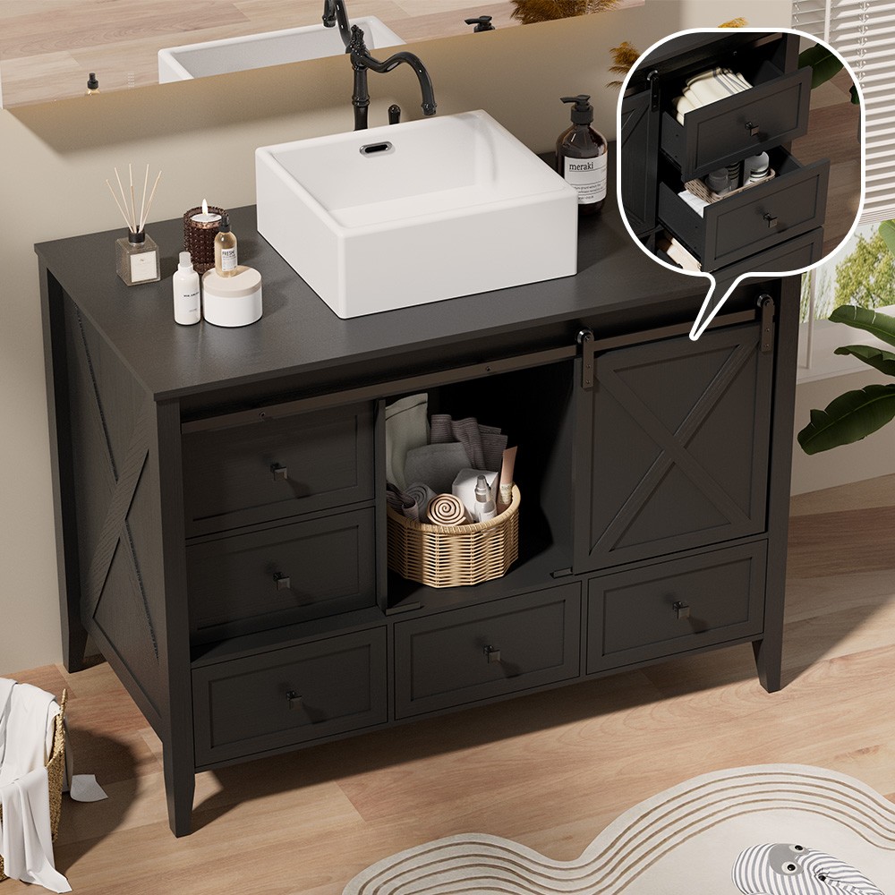 48” Bathroom Vanity w/ Single Sink Ceramic Freestanding Cabinet 7 Drawers & Door