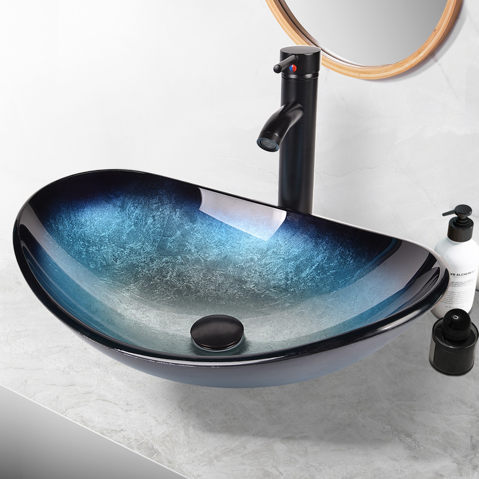 24″ Bathroom Vanity, Blue Glass Vessel Sink with Storage Drawer & Big Mirror