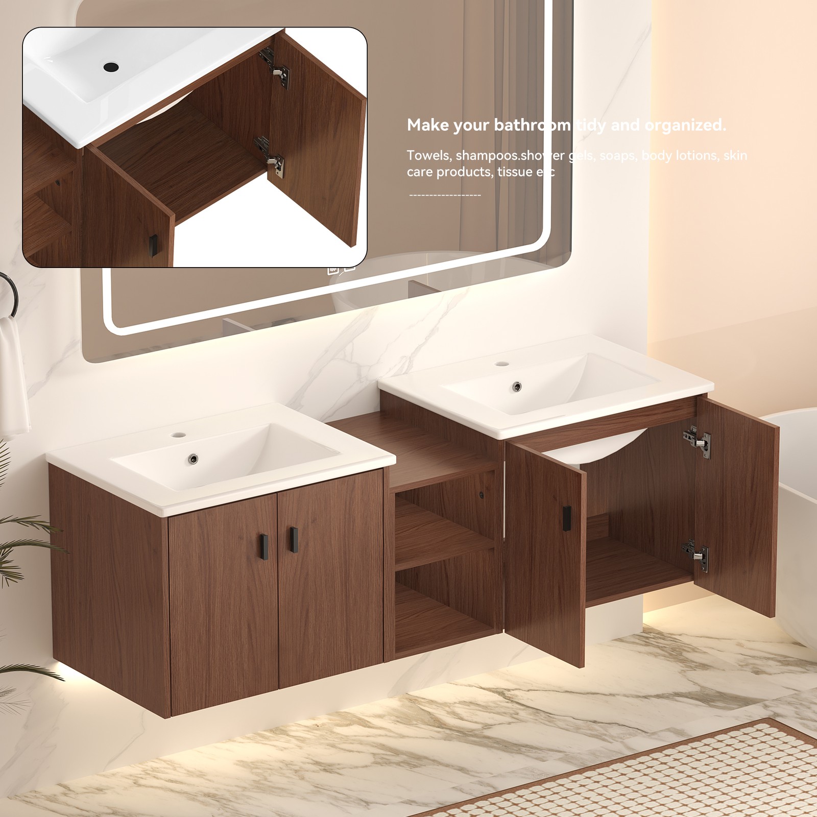 60in reddish brown Bathroom Vanity w/Storage Shelves & Soft Close Doors