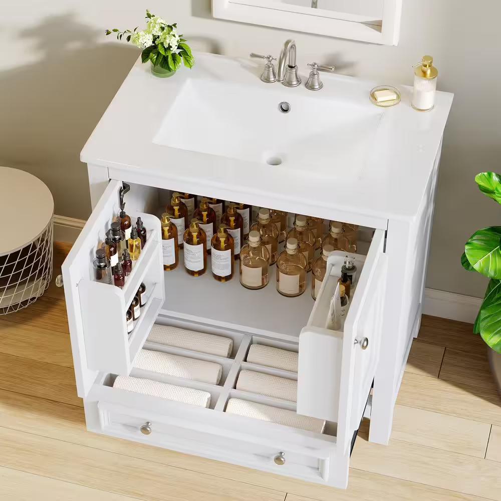 30 In. Single Sink Freestanding White Bath Vanity with White Ceramic Top Unassem