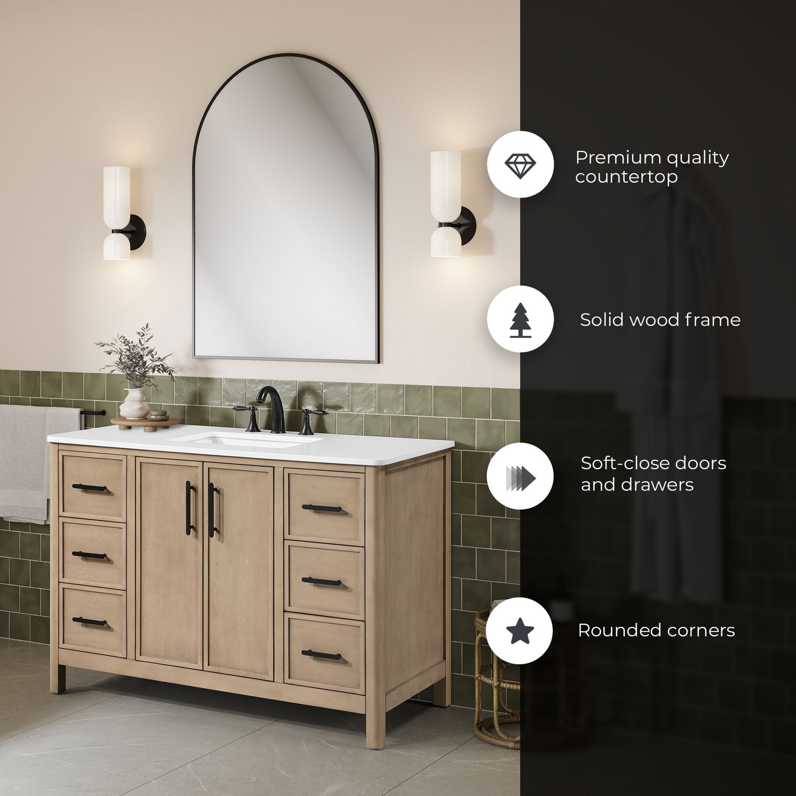 Solas 48″ Bathroom Vanity in Sahara Birch with White Countertop