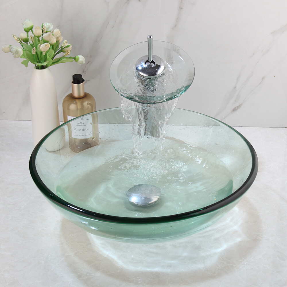 Bathroom Clear Vessel Sink Faucet Basin Vanity Bowl Glass Combo Round Tempered