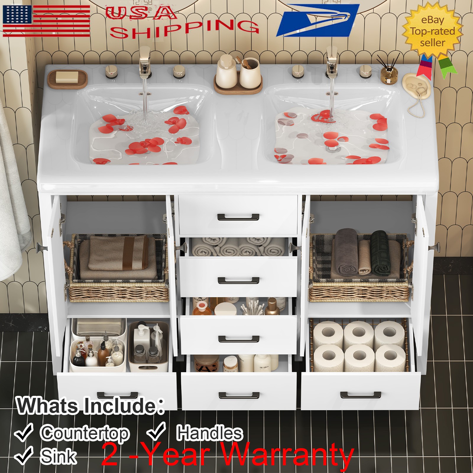 47.3″ Bathroom Vanity w/ Double Sink Freestanding Bath Vanity Cabinet Drawer New